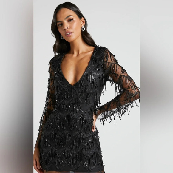 BLACK SEQUIN DIAMOND MESH LONG SLEEVE DRESS Sz S - Picture 4 of 7